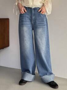 FRIFUL Flared Leg Denim Pants With Cuffed Hem,Baggy Jeans - Light Wash - View 3