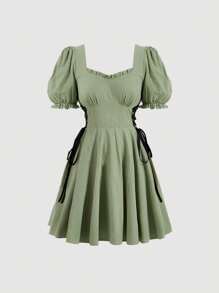 SHEIN MOD 綁帶側設蓬蓬短袖連衣裙 - 綠色 - 查看 1