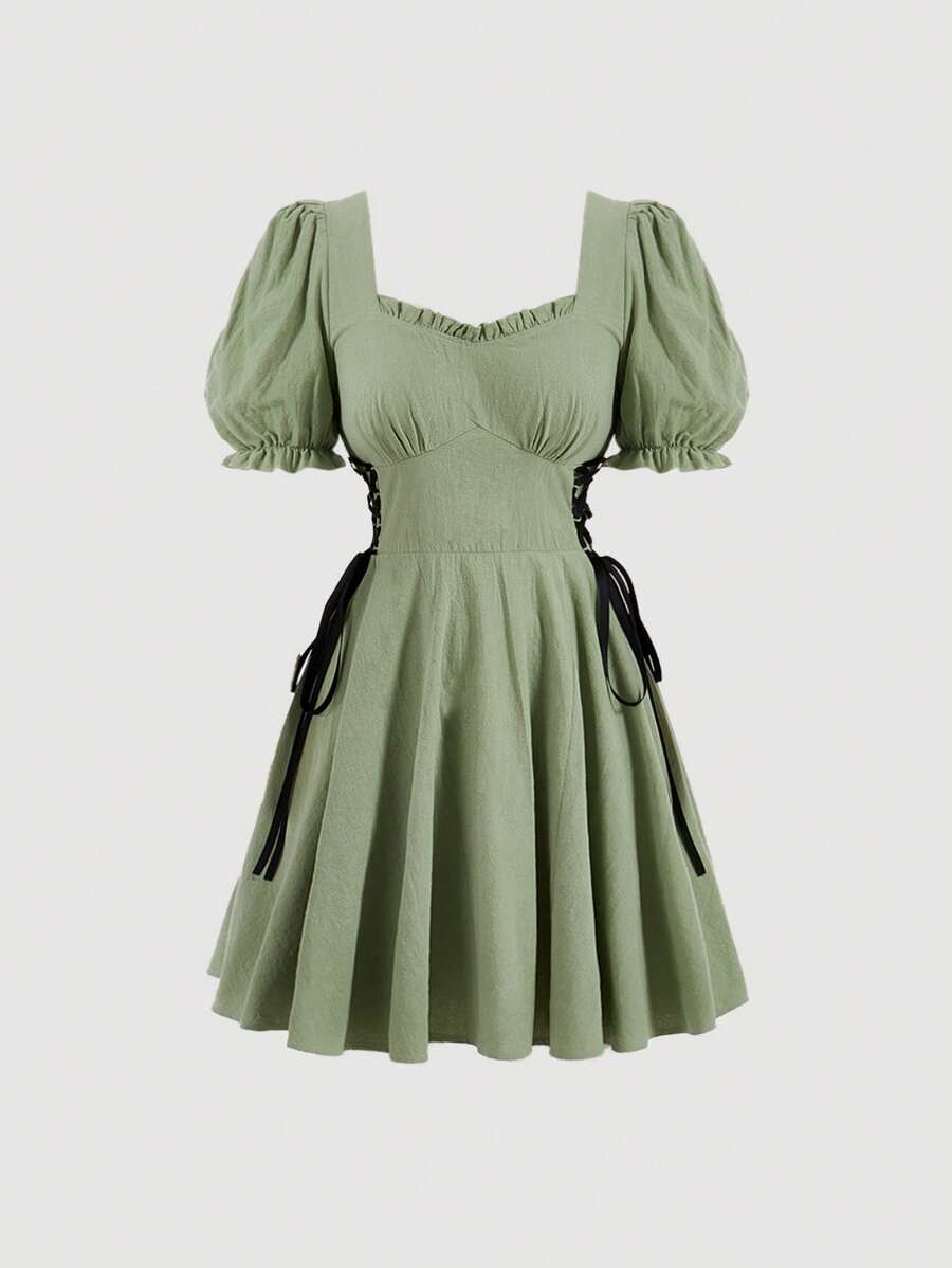 SHEIN MOD 綁帶側設蓬蓬短袖連衣裙 - 綠色 - 查看 1
