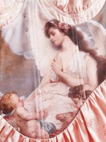 SHEIN MOD Women's Pleated Dress With Frill Edge, Oil Painting Pattern - Multicolor - View 3