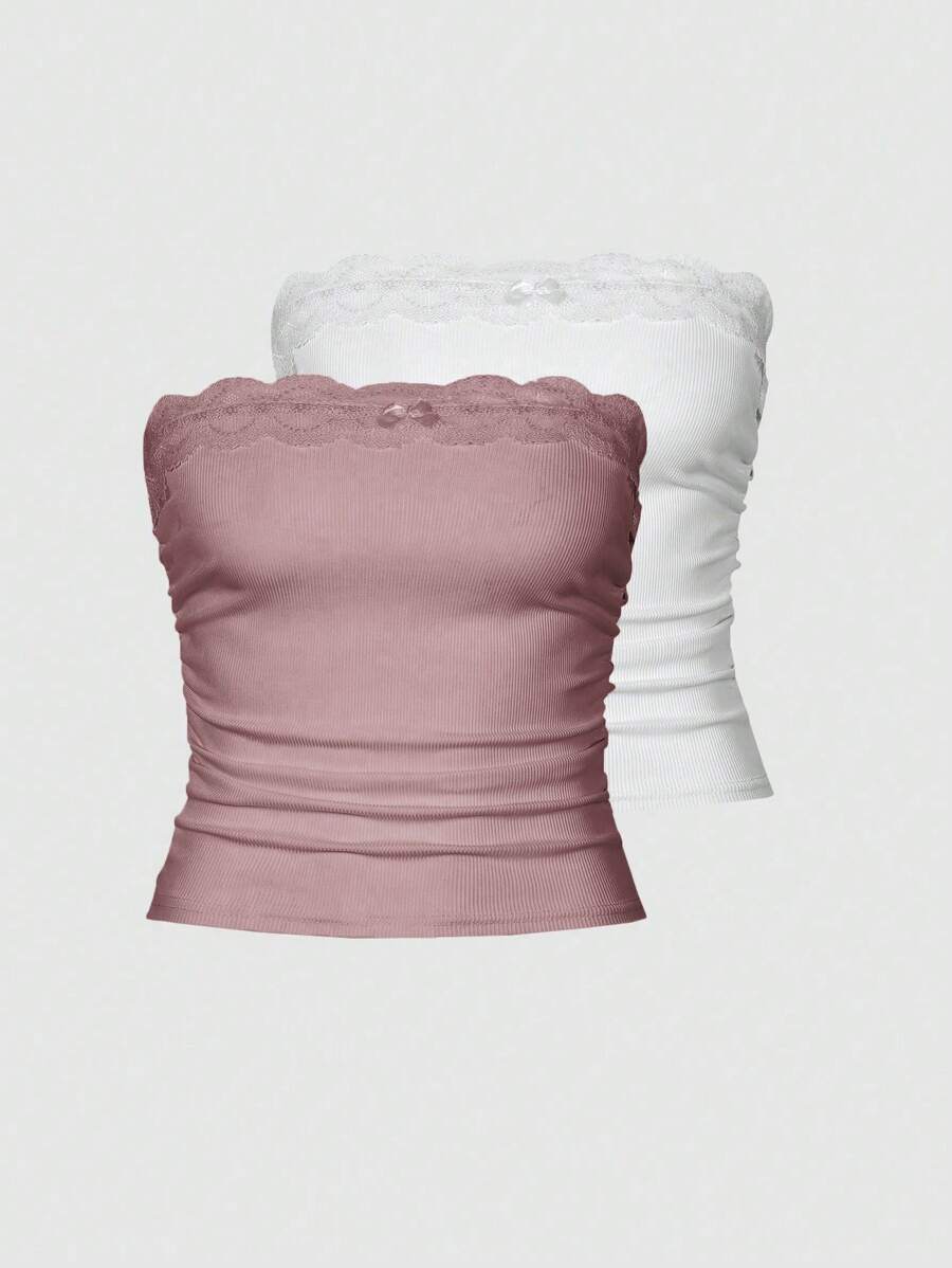 SHEIN Unity Women's Strapless Lace Patchwork Top With Bow Decoration - Baby Pink - View 1