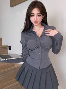 DAZY 纯色褶皱长袖衬衫，秋季服装学院风上衣长袖上衣 - 灰色 - 查看 7