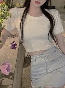 DAZY 女士純色後綁帶時尚短款針織上衣 - 白色 - 查看 2