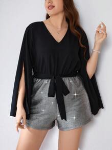 SHEIN Privé 大碼女性優雅的鑲有亮片的露背鉤花深v領連身褲,開叉設計和綁帶彰顯迷人身姿,適用於派對和街頭 - 彩色 - 查看 3