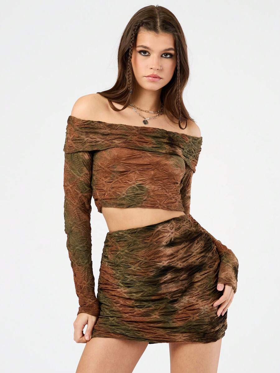 Forever 21 Của phụ nữ Off Shoulder Tay áo dài Nhuộm buộc Bộ đồ trên và váy - Màu xanh Ô liu - Xem 1