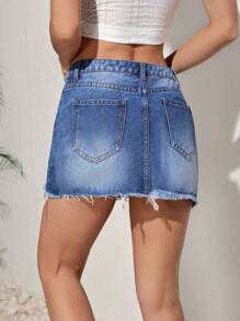SHEIN EZwear Ladies' Sexy Distressed Denim Mini Skirt In Blue, Ideal For Beach Vacation And Casual Wear - Dark Wash - View 2