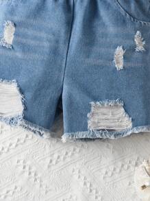 SHEIN Young Girls' Stylish & Vintage Puff Sleeve Ribbed Hem Tee And Elastic Waist Ripped Denim Shorts With Belt Set For Summer - Black - View 5