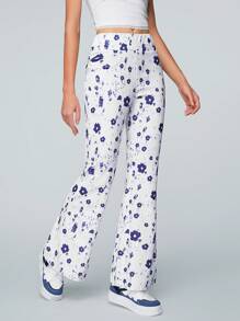 SHEIN Qutie Ditsy Floral Flared Pants - White - View 1