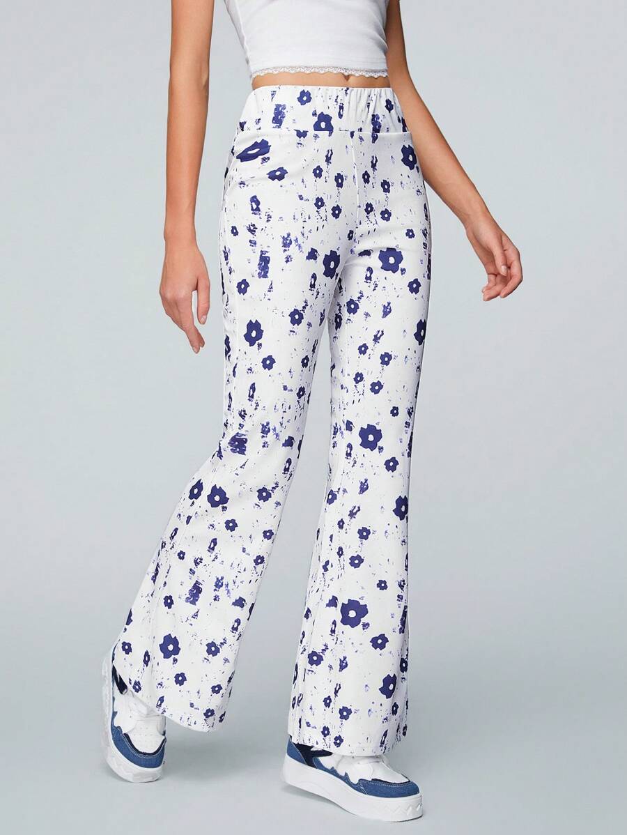 SHEIN Qutie Ditsy Floral Flared Pants - White - View 1