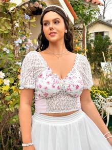 Dreamara Plus Size Women's Lace Panel Floral Print Shirt