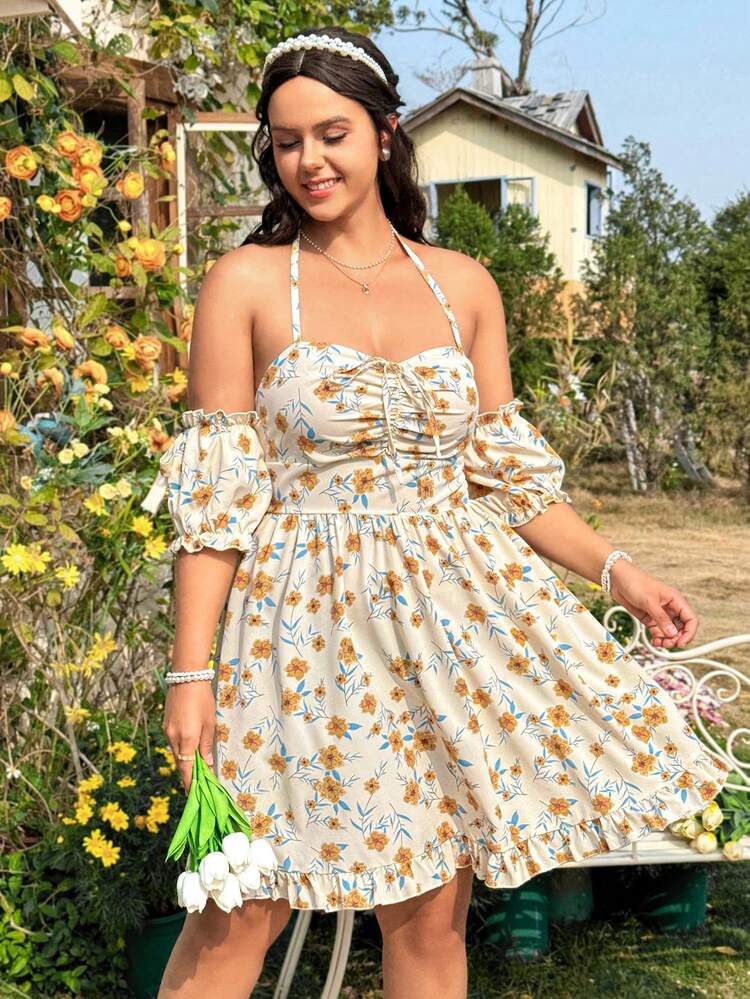 Plus Size Women's Floral Printed Halter Off Shoulder Short Sleeve Dress