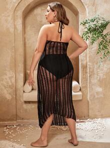 SHEIN Swim Curve 大码女式镂空腰部挂脖式后背系带罩衫 夏季 - 黑色 - 查看 2