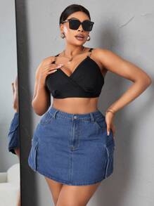 SHEIN SXY Kích thước lớn Denim Lỏng lẻo phù hợp Trang phục làm việc Váy mini Với Túi - Màu xanh lam - Xem 3