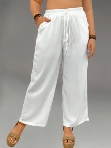 Calvaya Plus Drawstring Waist Wide Leg Pants Fall Cloth For Women - White - View 4