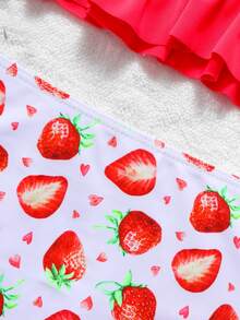 Conjunto de traje de baño con camiseta con estampado de fresa para niñas jóvenes - Rojo - Ver 4