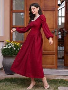 Modelyn Váy cổ tròn thanh lịch tuyệt đẹp màu đỏ tía dành cho nữ - Màu Đỏ Sâu - Xem 7