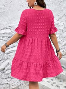 SHEIN LUNE Plus Size Bell Sleeve Smock Dress - Hot Pink - View 2
