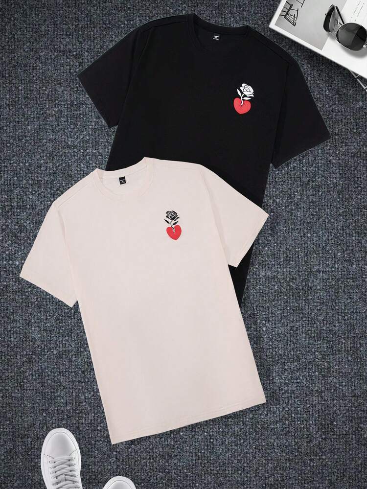 Rose Print Round Neck Plus Size Men's T-Shirt