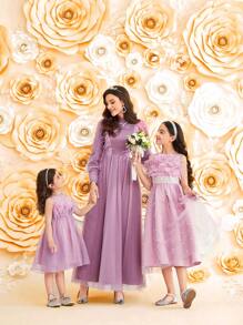 SHEIN Young Girl's Spliced Glamorous Sleeveless Mesh Dress - Purple - View 8