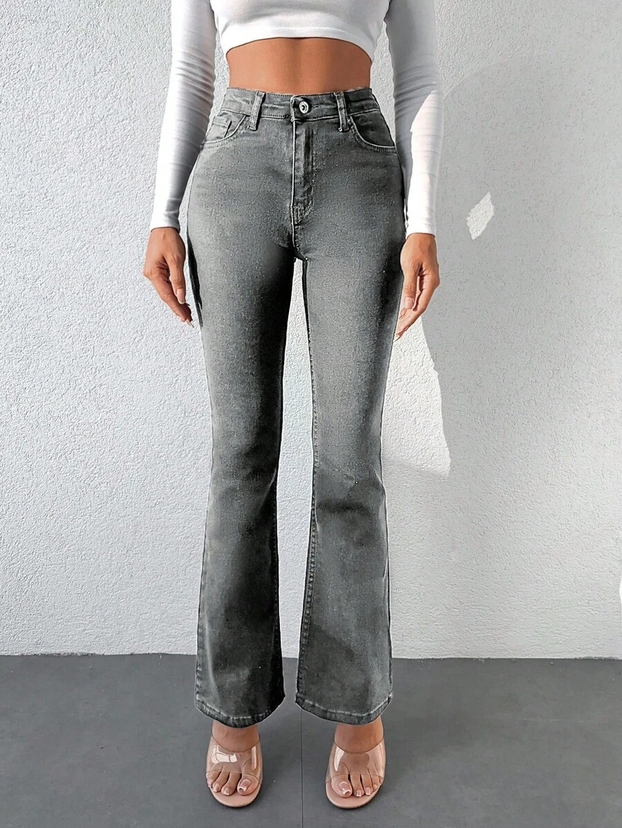 EURMUSE Khởi động Cắt Cao eo Denim Dài Quần - Xám - Xem 1