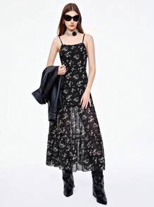 SHEINNeu Summer Women's Chiffon Floral Print Spaghetti Strap Black Dress - Multicolor - View 5