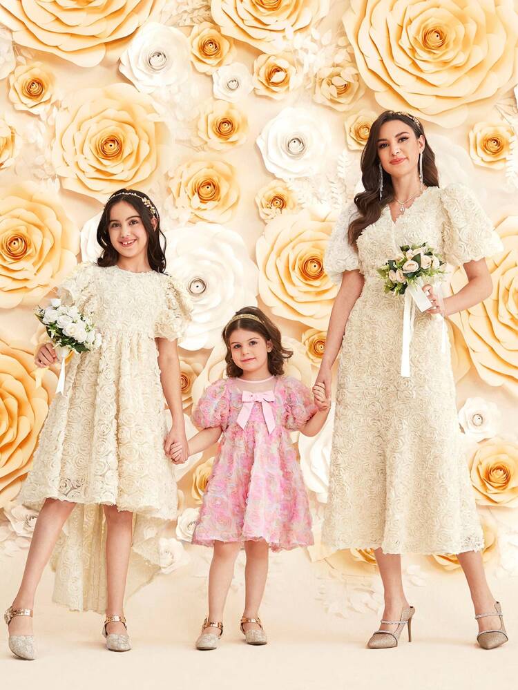 Young Girl 1pc Gorgeous 3d Flower Puff Sleeve Dress