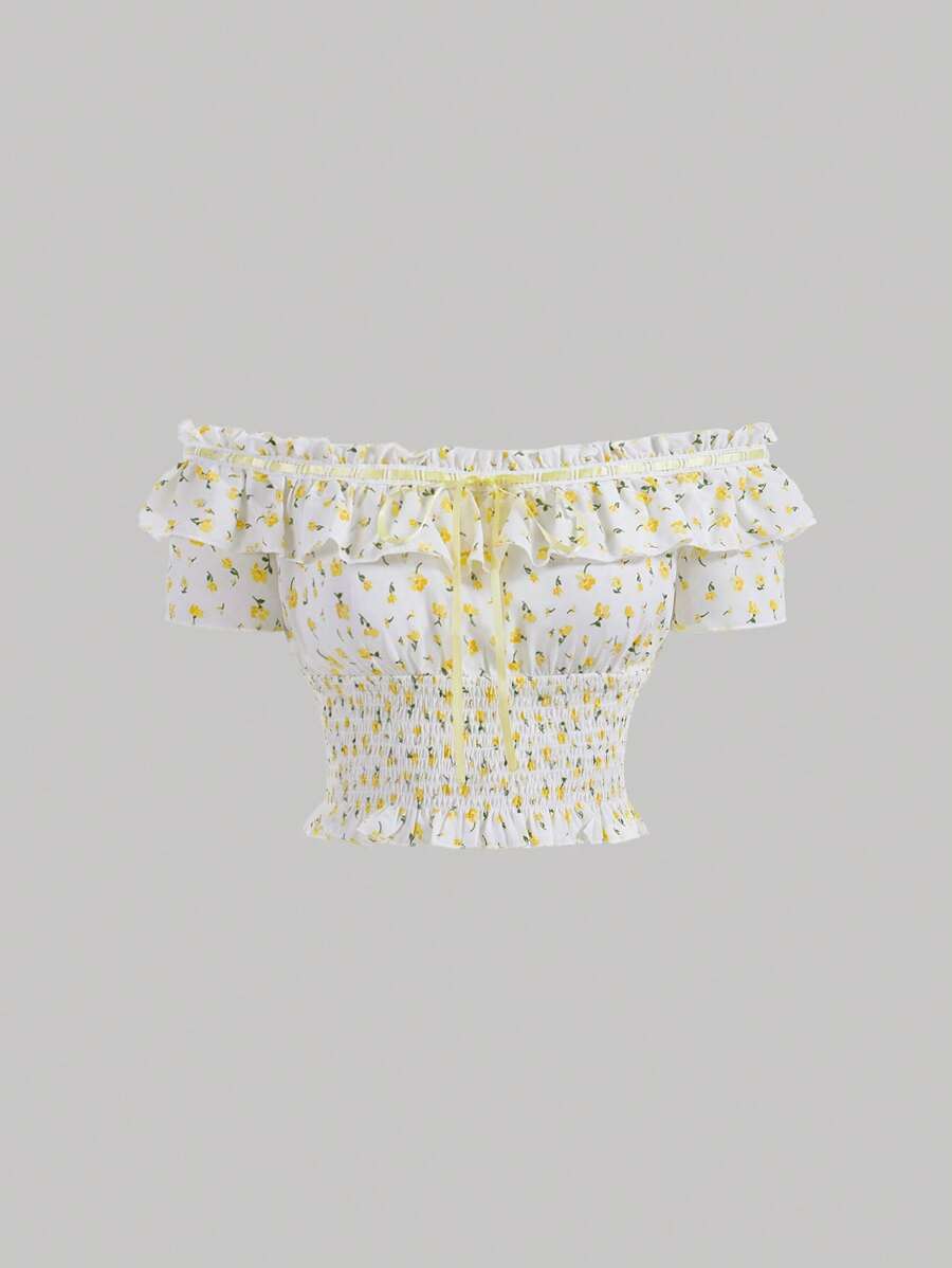 SHEIN MOD 女士露肩花卉印花荷葉邊短上衣 - 彩色 - 查看 1