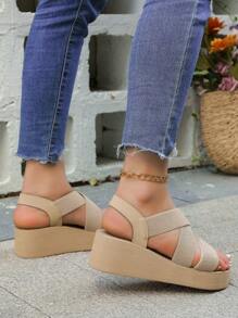 2024 New Arrival 5cm Women's Elastic Strappy Sandals With Weaved Bottom And Satin Covered Wedge Heel, Khaki, Ideal For Summer And Beach Style - Khaki - View 5