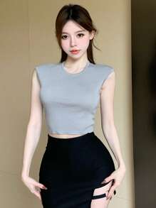 DAZY قمة من الكروشيه النسائية ذات الياقة الدائرية الضيقة المطاطية الصلبة مع ظهر مجوف - رمادي - مشاهدة 4