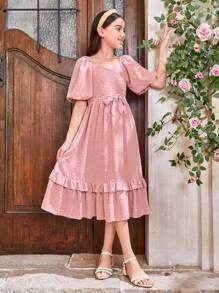 SHEIN Sukienka dla dziewczynki Tween ze skrzyżowanym dekoltem, bufiastymi rękawami, zakładkami na plecach i marszczonym dołem Pasująca do strojów mama i ja (2 sztuki sprzedawane osobno) - Różowy - Zobacz 2