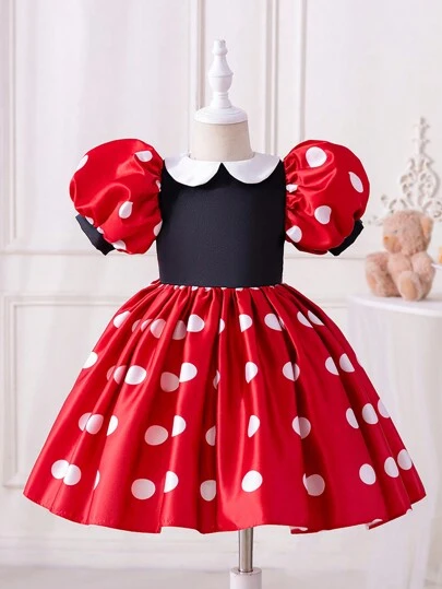 SHEIN Glamorique Kids Young Girls Cosplay Polka Dot Ruffle Puff Sleeve Collared Princess Dress For Birthday Party Wedding Flower Girl Dress