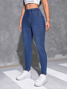 SHEIN EZwear Washed Elastic Waist Slim Fit Jeans - Dark Wash - View 3