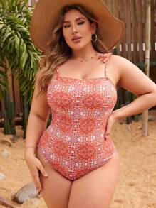 SHEIN Swim Curve Plus Size Summer Beach Allover Printed One Piece Swimsuit Bathing Suit - Multicolor - View 3
