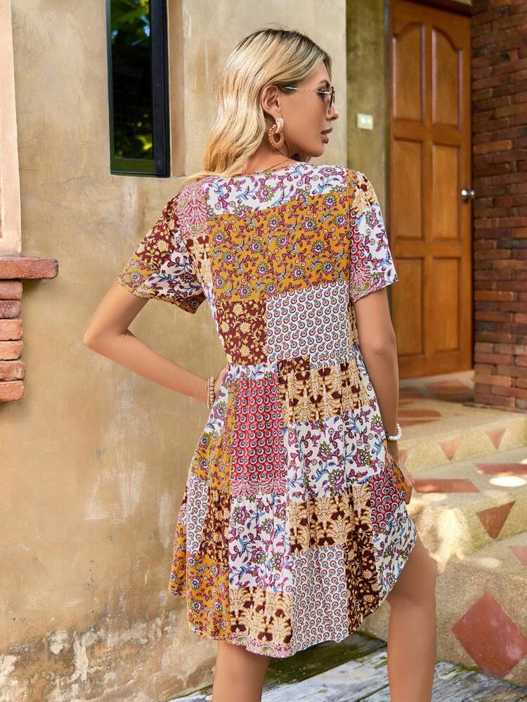 Women's Patchwork Printed Fringe Tie Belt Dress