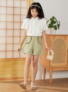 SHEIN Chemise Pour Fille Préadolescente À Manches Évasées À Volants Et À Coupe Droite Unie