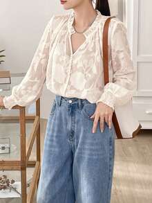DAZY 女式提花襯衫,帶有凸出的領口和燈籠袖 - 白色 - 查看 2
