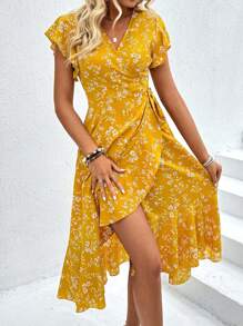 Chiquease Women's Floral Print Ruffle Sleeve Wrap Tie Dress - Yellow - View 3