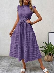 SHEIN LUNE Women's Stand Collar Cap Sleeve Dress With Frill Edging,Lavender Dress - Purple - View 5