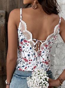 SHEIN Frenchy Lace Spliced Floral Printed Camisole Top For Women, Summer Top, Suitable For Vacation