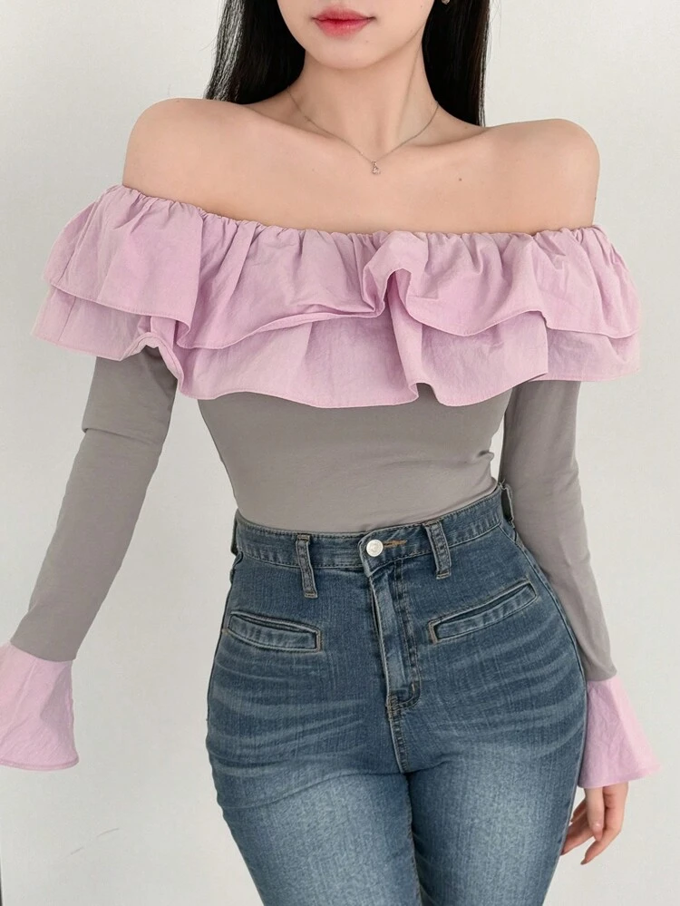 Women's Contrast Color Ruffled Off Shoulder T-Shirt Long Sleeve Women Tops