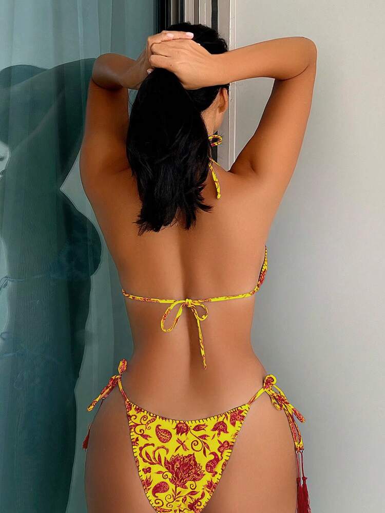 Summer Floral Printed Halter Neck Bikini Set For Women