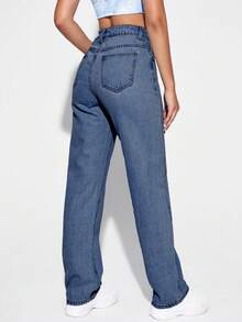 SHEIN EZwear Women Casual Solid Color Slant Pocket Baggy Jeans - Medium Wash - View 2