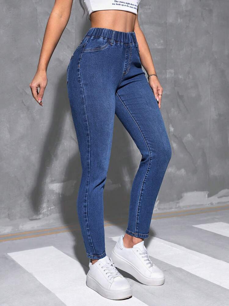 SHEIN EZwear 洗水彈性腰身修身牛仔褲 - 深色水洗藍 - 查看 4