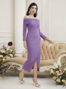 Modelyn Đầm dài tay trễ vai màu trơn thanh lịch cho nữ Đầm dạ hội dài - Màu tím hoa cà - Xem 5