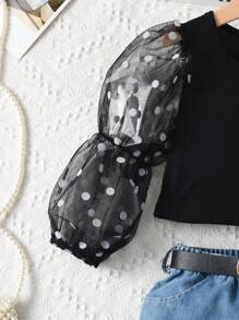 SHEIN Young Girls' Stylish & Vintage Puff Sleeve Ribbed Hem Tee And Elastic Waist Ripped Denim Shorts With Belt Set For Summer - Black - View 4