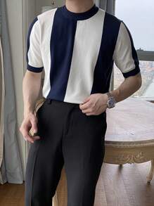 男士雙色針織上衣 - 黑與白 - 查看 1