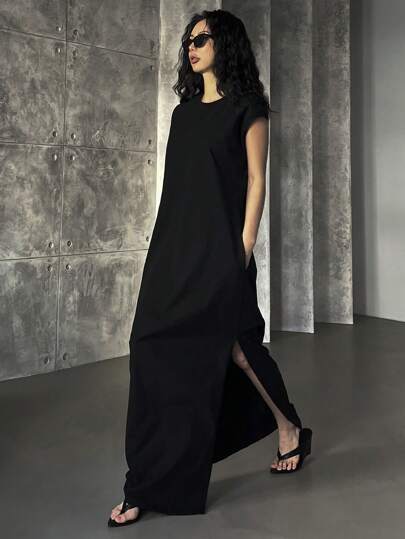 DAZY Ladies' Solid Color Round Neck Cover Cap Sleeves Split Hem Dress Sundress,Casual Women Dresses