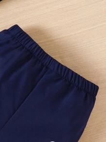 夏季嬰兒男童編織休閒簡約時尚歐美風印花棒球領套裝短褲 - 藏蓝色 - 查看 3