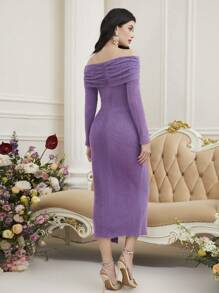 Modelyn Đầm dài tay trễ vai màu trơn thanh lịch cho nữ Đầm dạ hội dài - Màu tím hoa cà - Xem 2