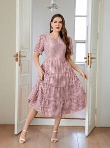 SHEIN Privé Kích thước lớn Hoa văn kẻ sọc To lớn Váy lúc lắc - Bụi hồng - Xem 3